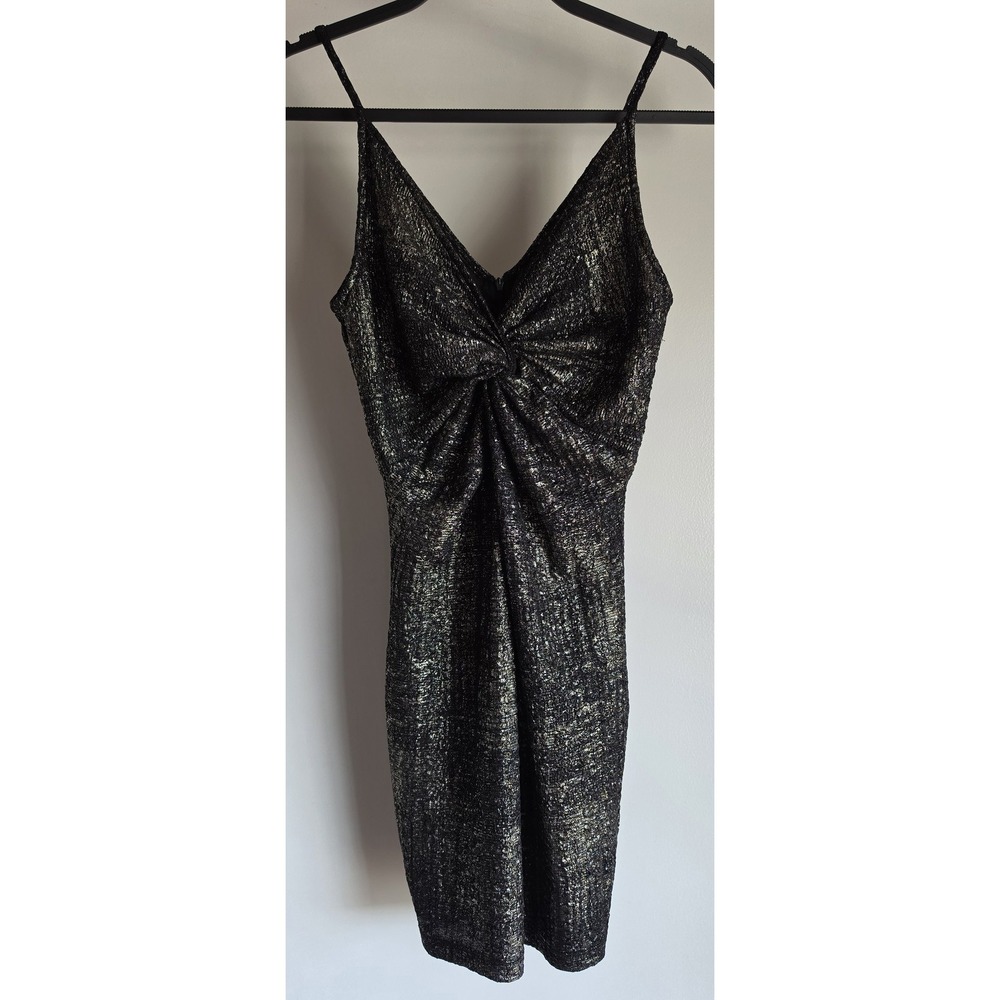 ASTR Womens S Sleeveless Formal Mini Dress Black Gold Metallic V-Neck Gown